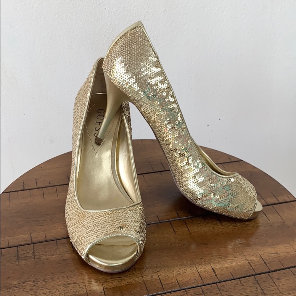 Gold metallic sequin peep toe party stiletto 6.5
